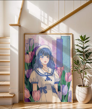 Illustration d'une fille en robe de marin parmi des tulipes avec une palette de couleurs pastel