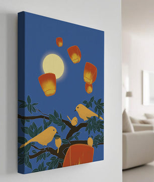 Lanterns and Birds Under the Night Sky