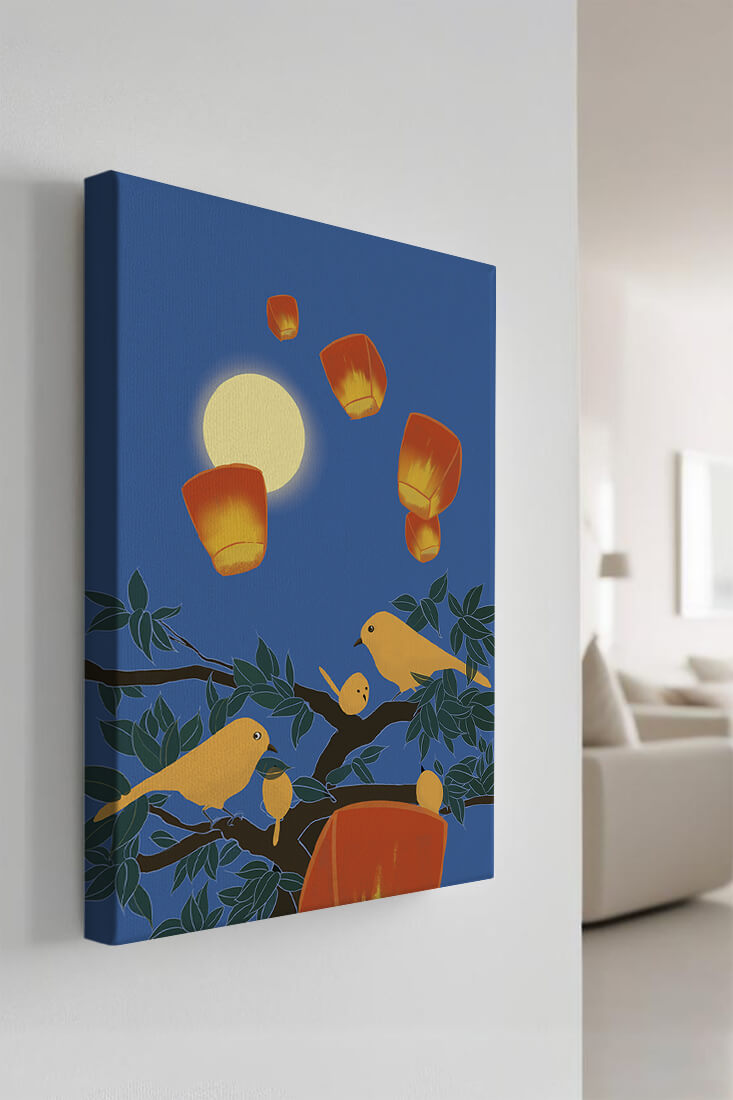 Lanterns and Birds Under the Night Sky