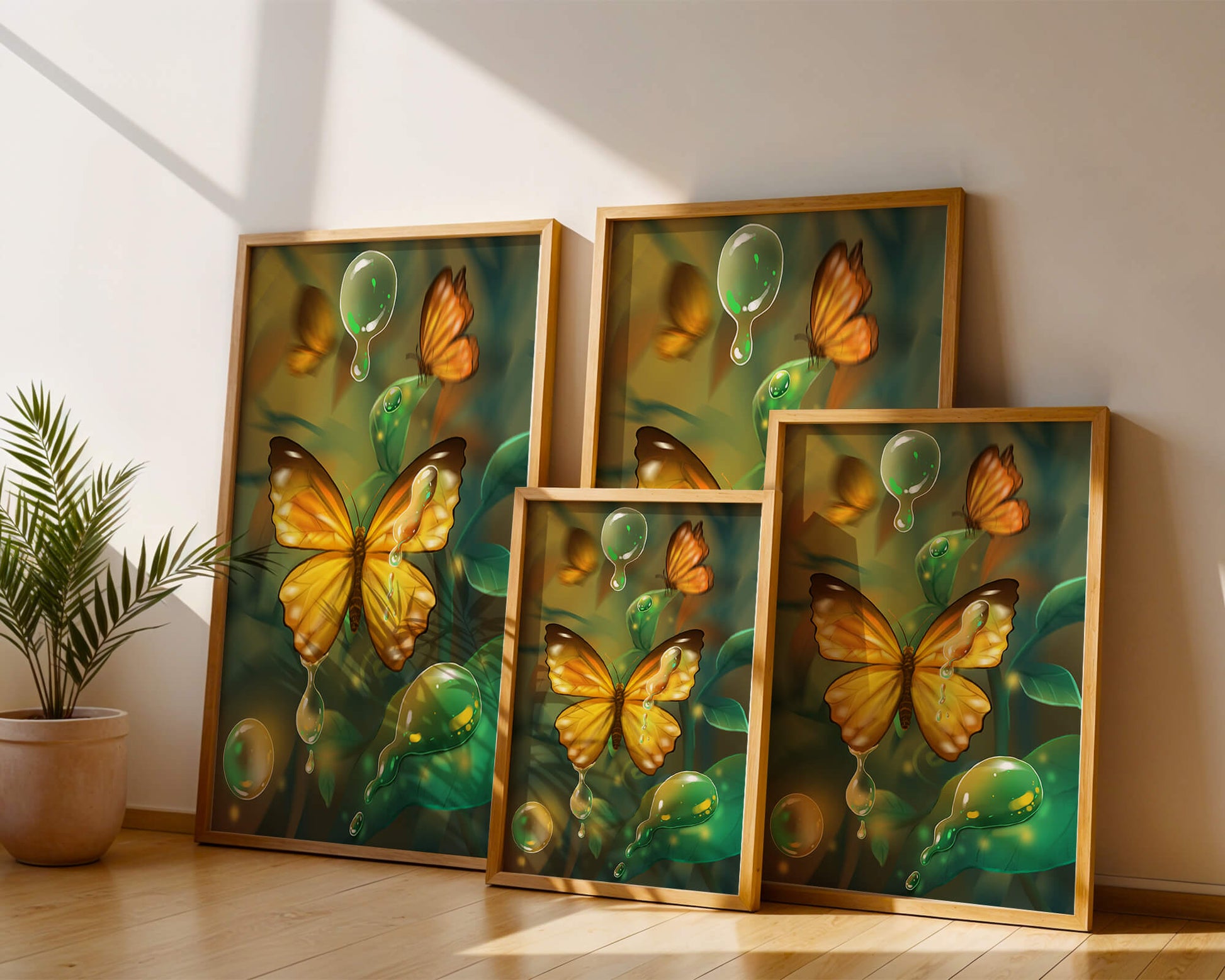Butterflies Among Dewdrops in a Serene Forest Setting