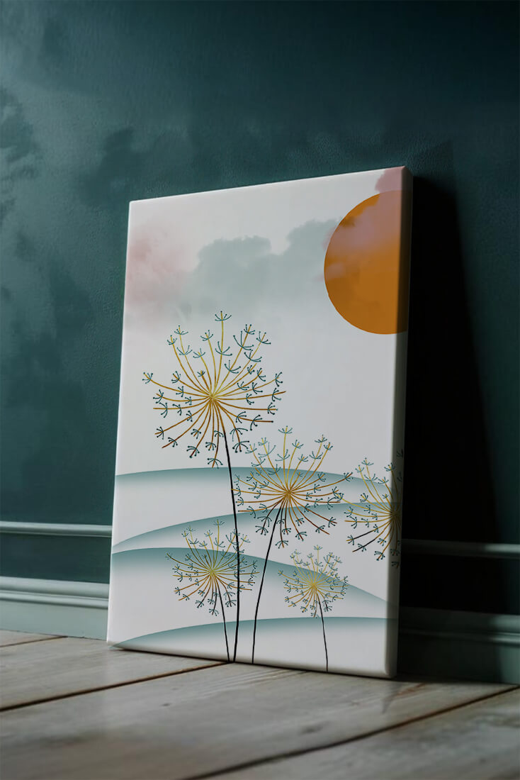 Abstrakte Landschaft mit Löwenzahn und orangefarbener Sonne