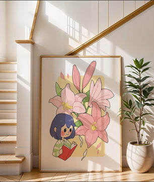 Illustration d'une fille lisant avec de grands lys roses en arrière-plan