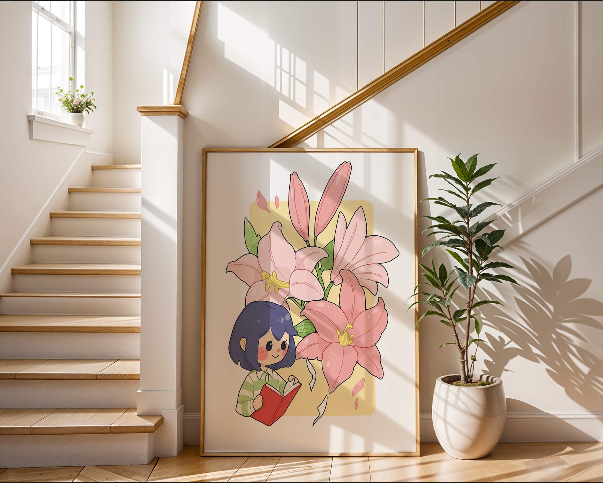 Illustration of a girl reading with large pink lilies in the background