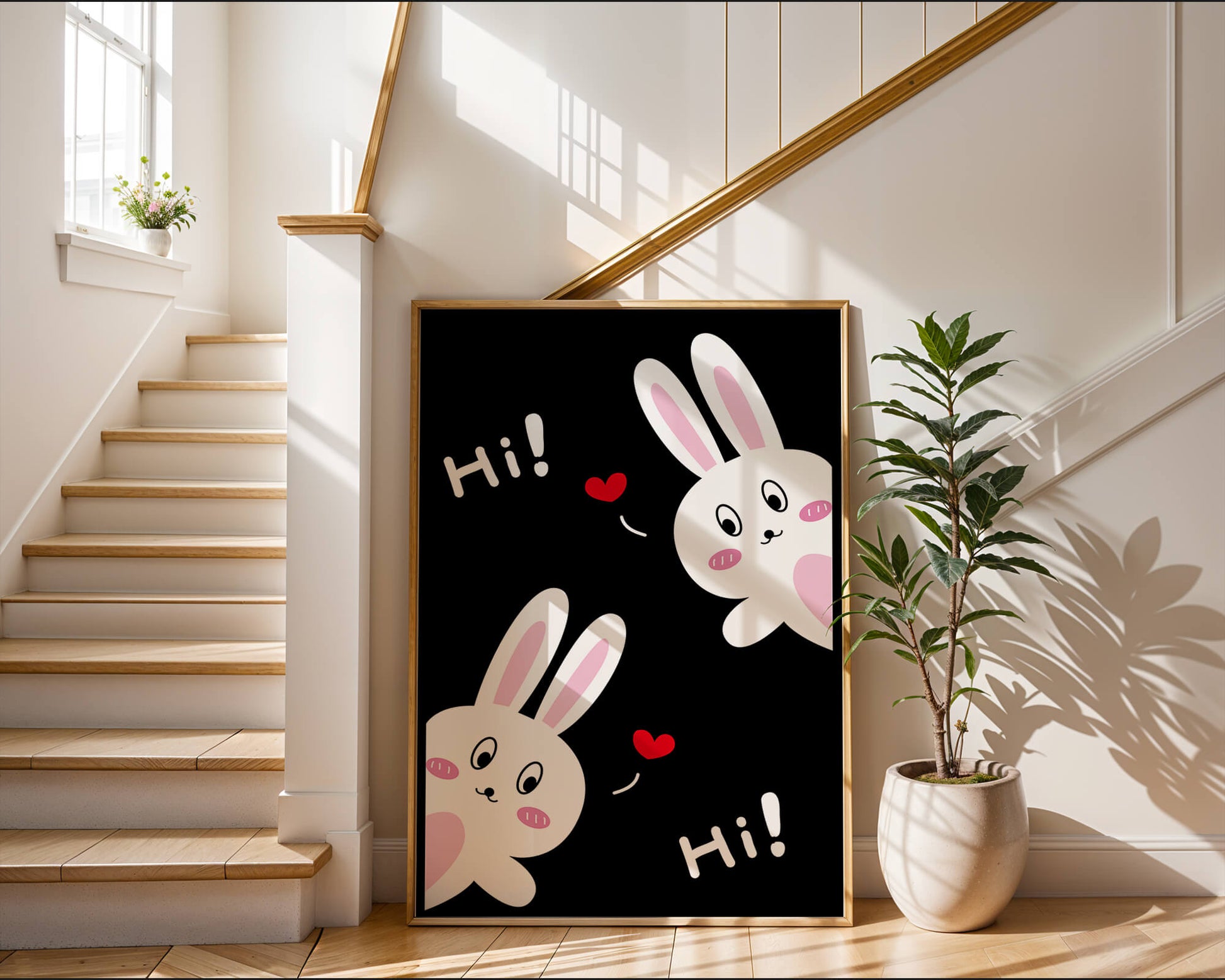 Charming bunny illustration with hearts on black background