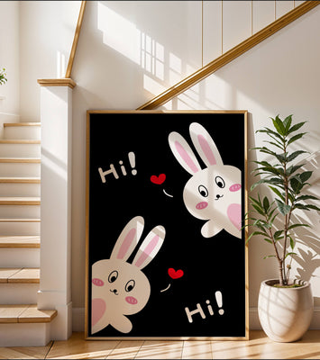 Charming bunny illustration with hearts on black background