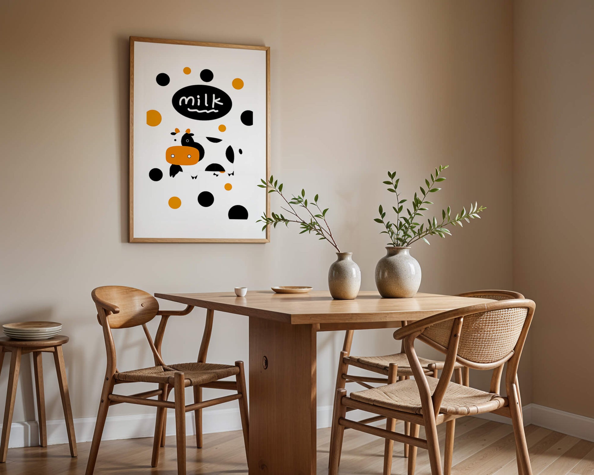Illustrated cow with modern design and abstract elements