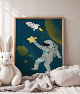Astronaut Reaching for Star with Rocket and Planets in Space Scene - Mi tienda