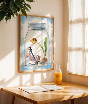 Watercolor illustration of marine life in a jar with a clownfish