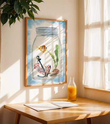 Watercolor illustration of marine life in a jar with a clownfish