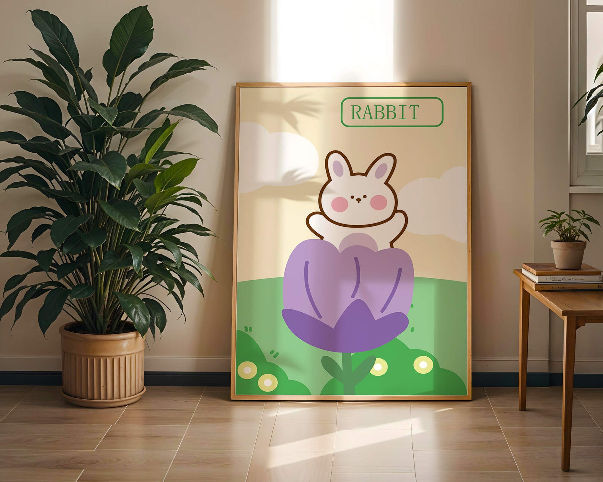 Ilustración caprichosa de un conejo adorable en una flor con colores pastel