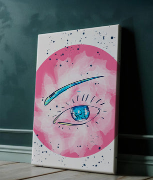 Abstract Eye Illustration with Pink Background and Blue Accents - Mi tienda