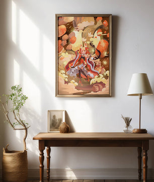 Vibrant fantasy scene with animated character and whimsical creatures