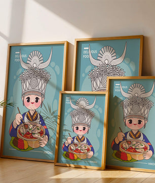 Charming illustration of a person in traditional attire enjoying a meal