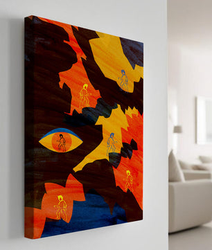 Abstract colorful artwork with eye and silhouettes