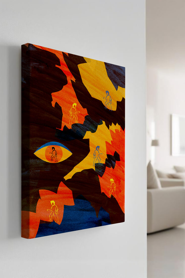 Abstract colorful artwork with eye and silhouettes