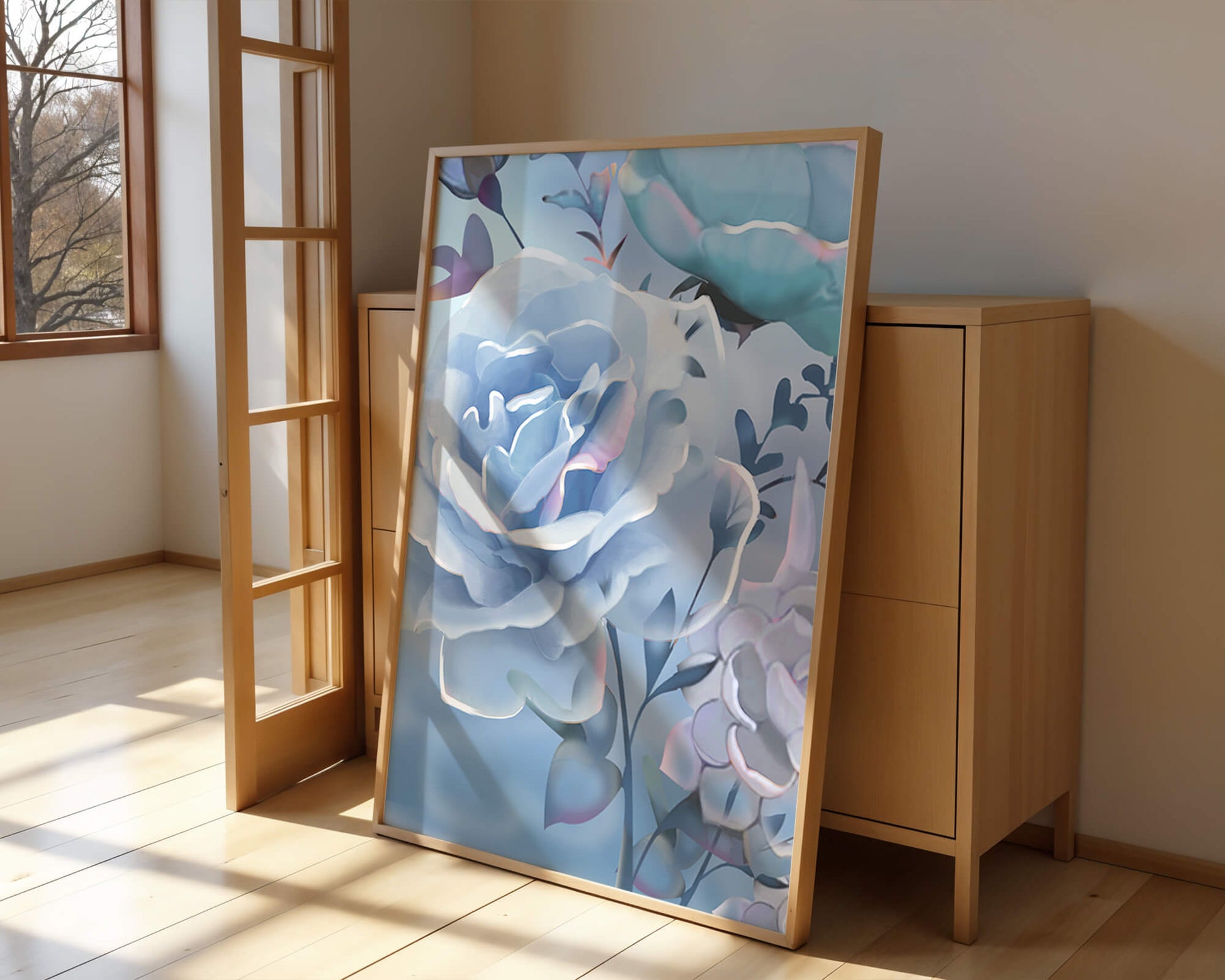 Rosas azules serenas con hojas delicadas sobre fondo suave