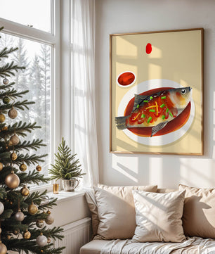 Illustration of a colorful fish dish with garnish