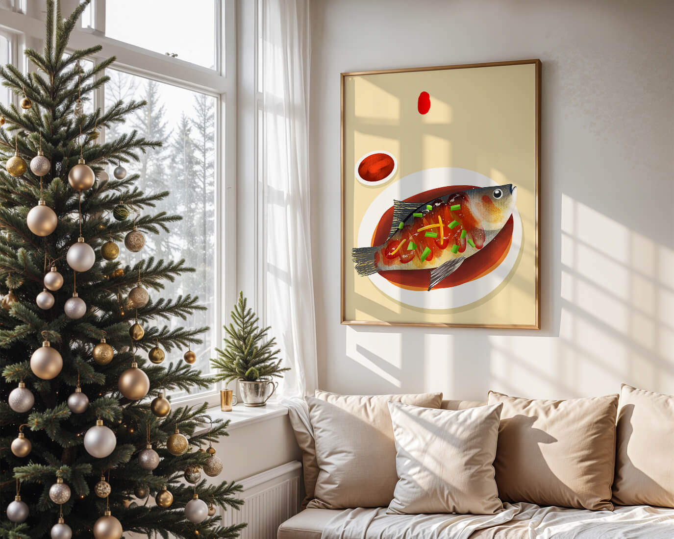 Illustration of a colorful fish dish with garnish