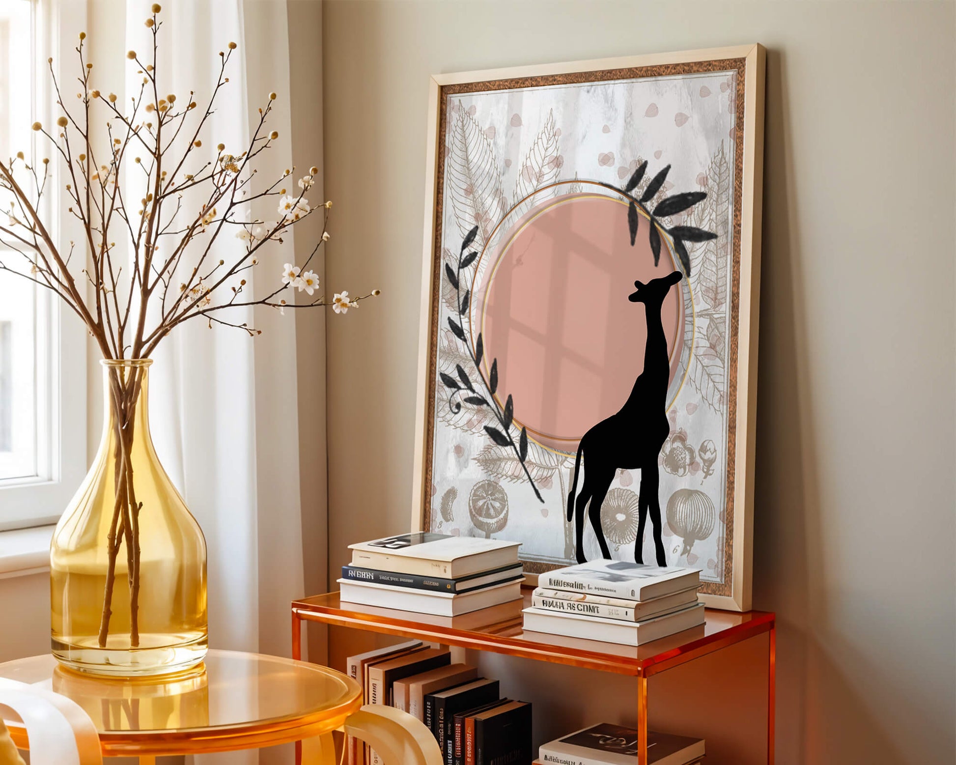 Nature-inspired artwork with giraffe silhouette and botanical elements