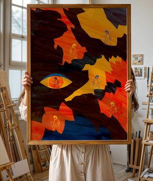 Abstract colorful artwork with eye and silhouettes