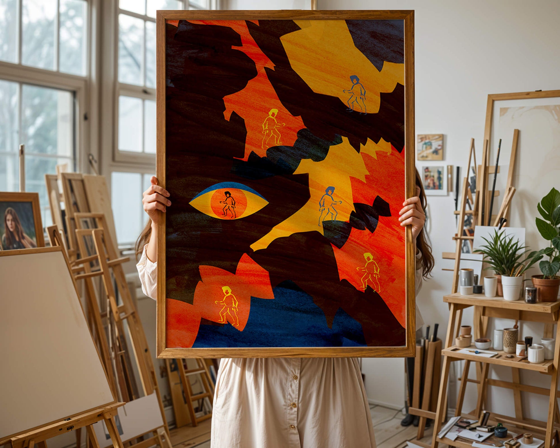 Abstract colorful artwork with eye and silhouettes