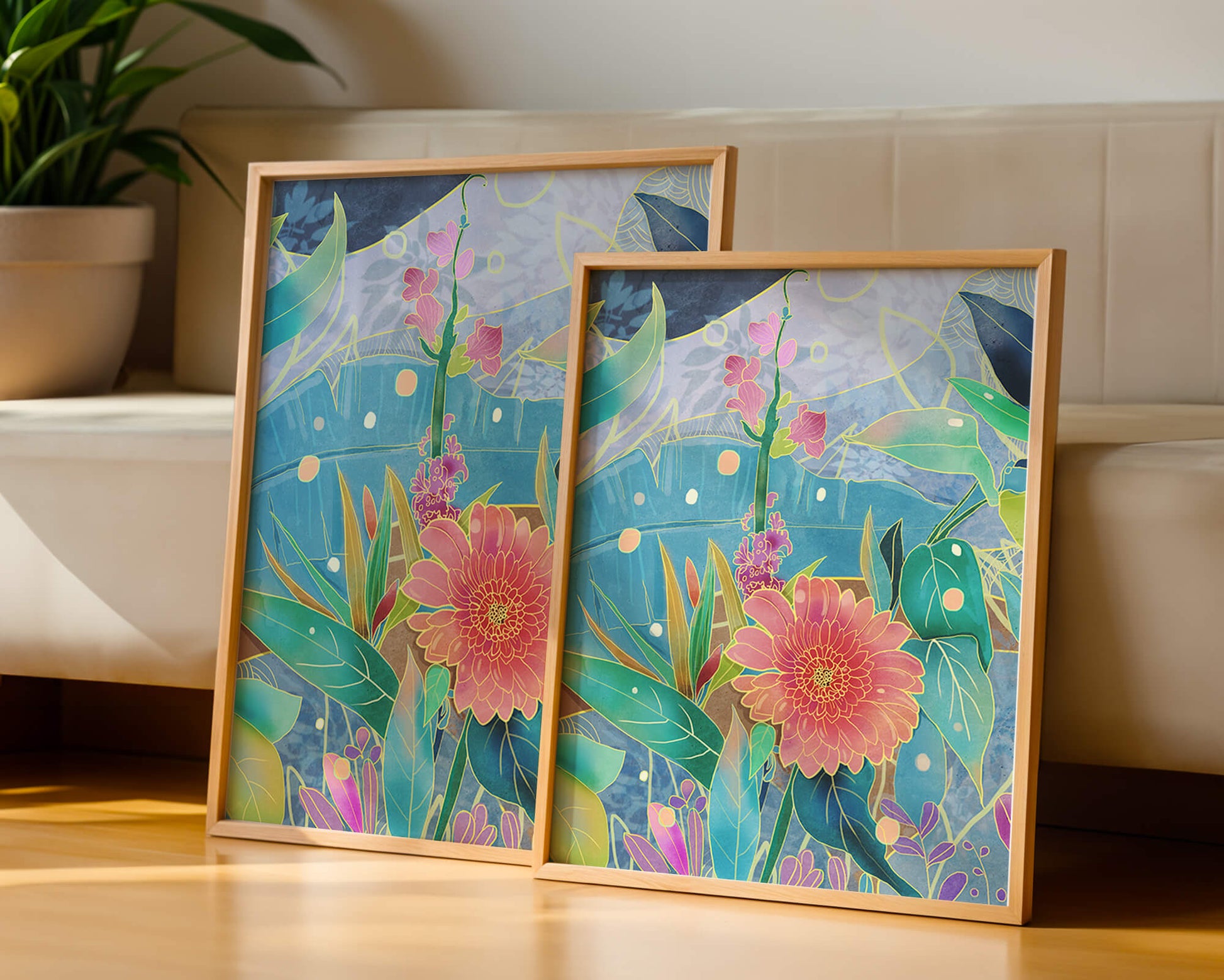 Kunst abstrak bunga yang berwarna-warni dengan bunga dan daun yang cerah