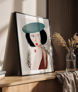 Mujer con sombrero azul y flor en estilo arte moderno