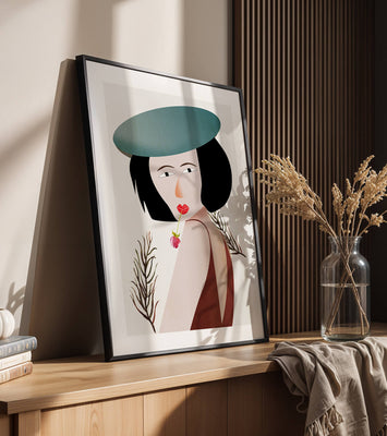 Woman with Blue Hat and Flower in Modern Art Style