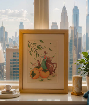 Whimsical scene with a woman in traditional attire among persimmons and leaves
