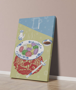 Colorful dumplings and tea set on decorative mat