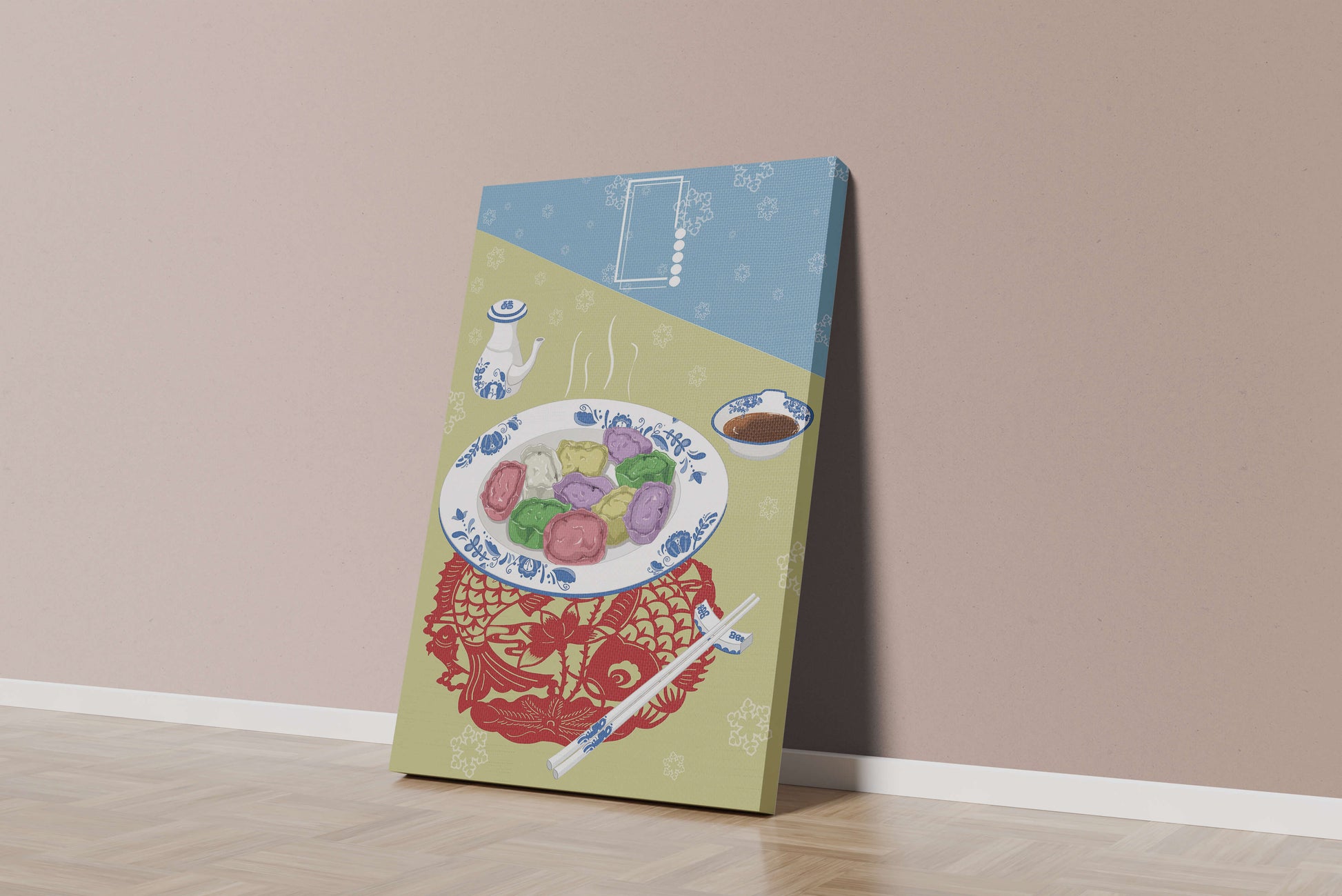 Colorful dumplings and tea set on decorative mat