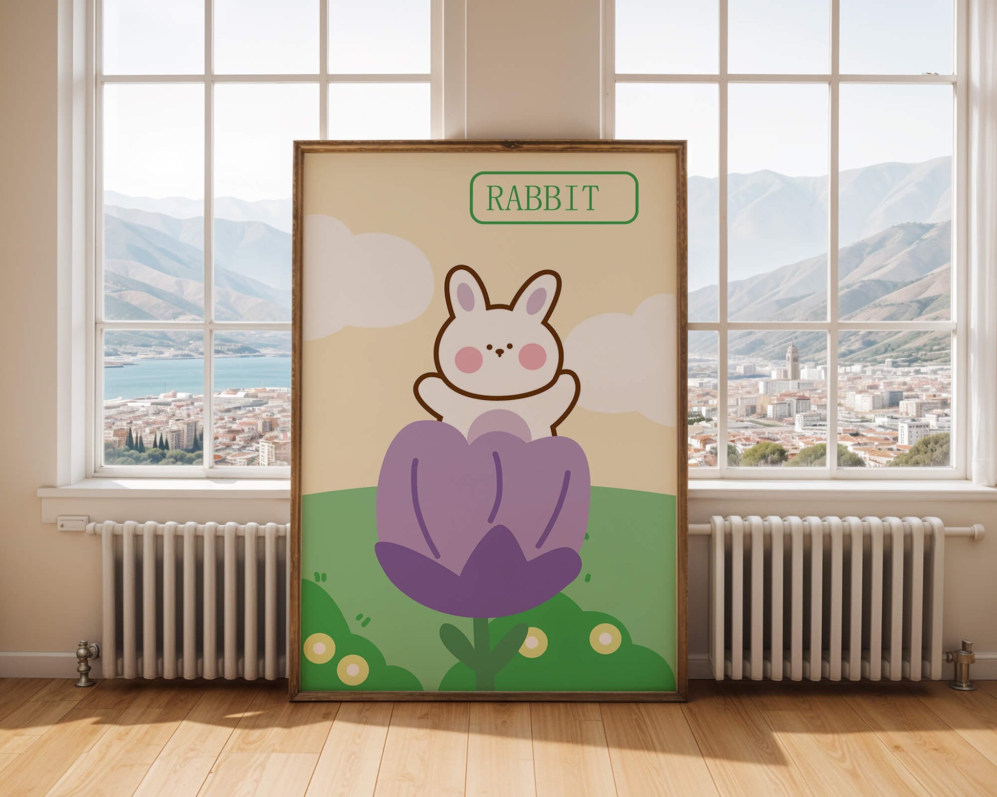 Ilustración caprichosa de un conejo adorable en una flor con colores pastel