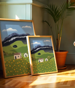 Peaceful Rural Landscape with Houses and Yellow Flowers under Blue Sky