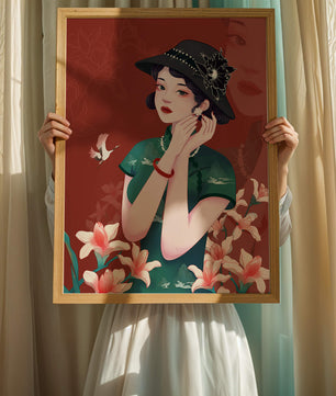 Elegant woman in vintage attire with floral hat and lilies