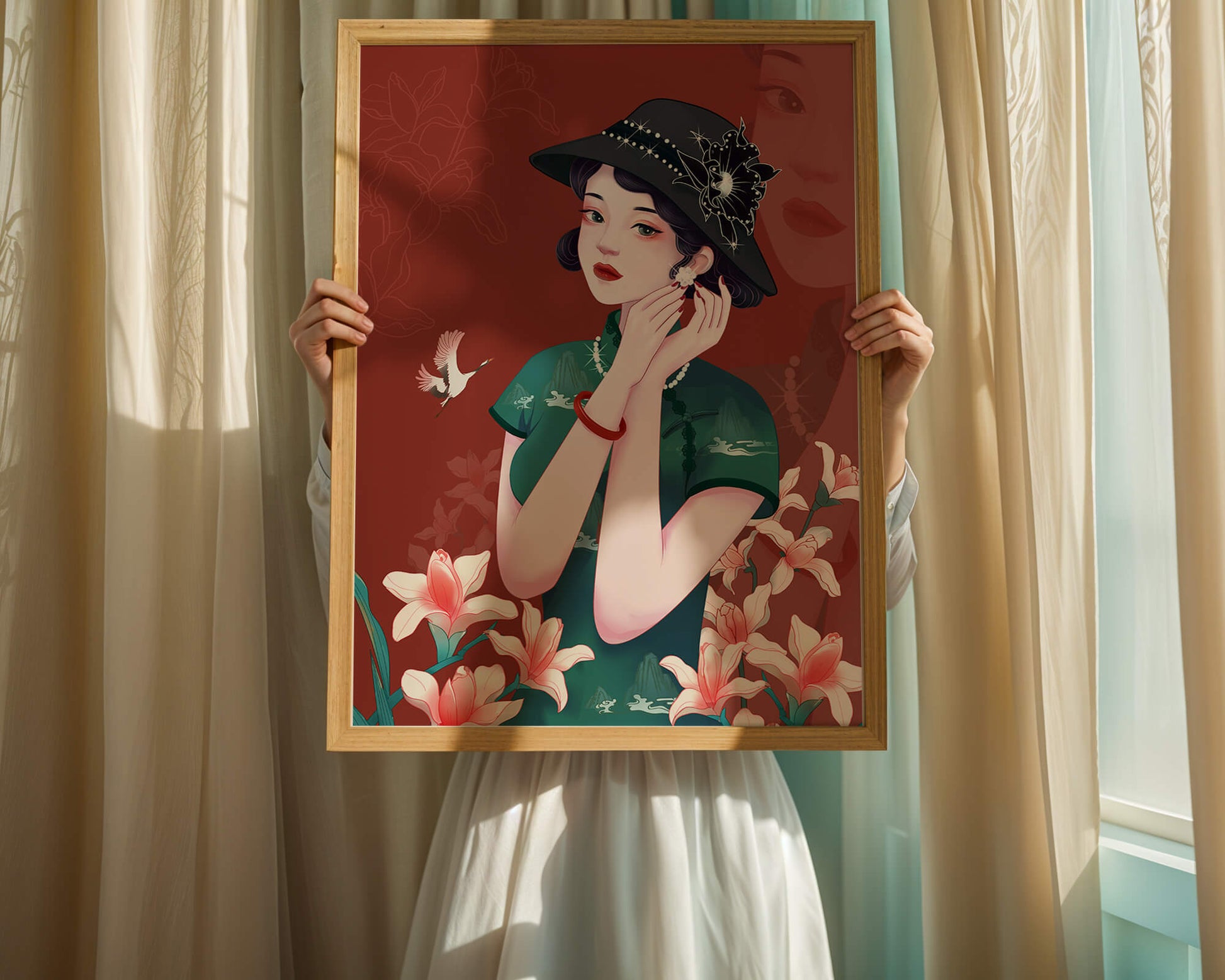 Elegant woman in vintage attire with floral hat and lilies