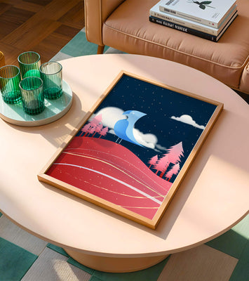 Colorful Night Scene with Blue Bird Under Starry Sky