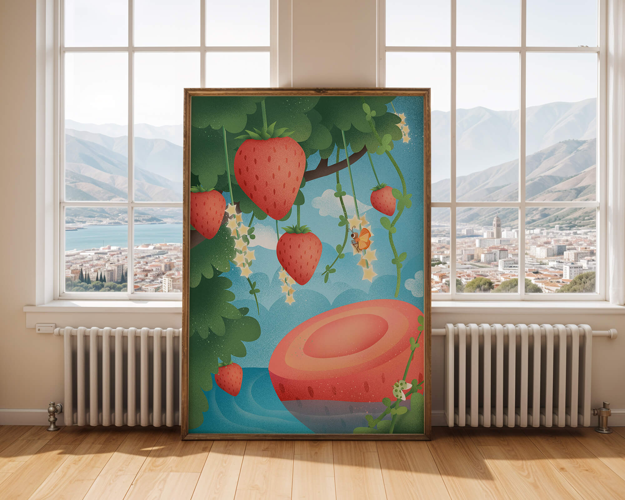 Illustrated strawberries in a whimsical garden setting