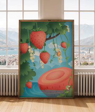 Illustrated strawberries in a whimsical garden setting