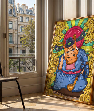 Ilustración colorida de un personaje animal caprichoso con alrededores ornamentados