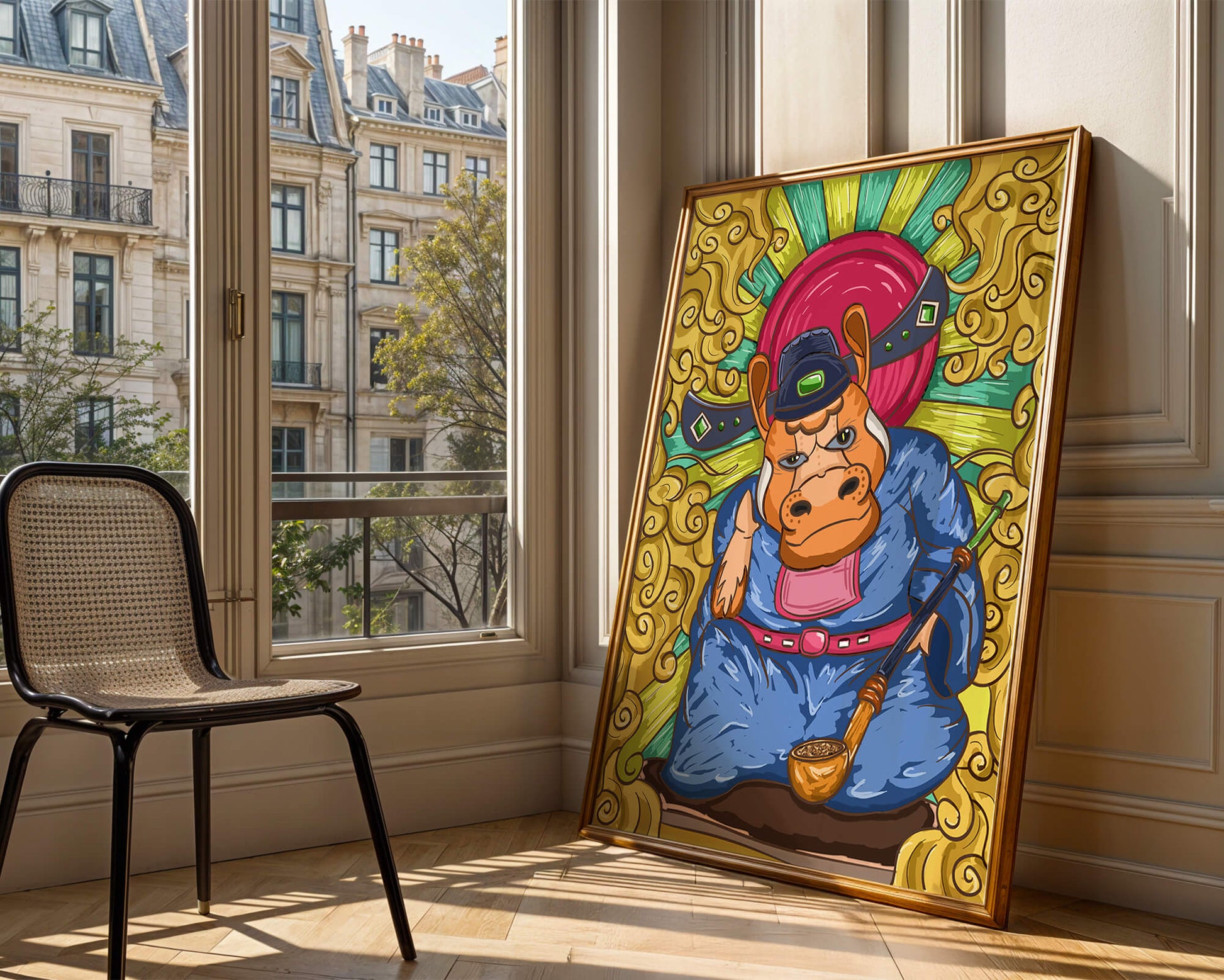 Traducción al español: Ilustración colorida de un personaje animal caprichoso con decoraciones ornamentadas a su alrededor.