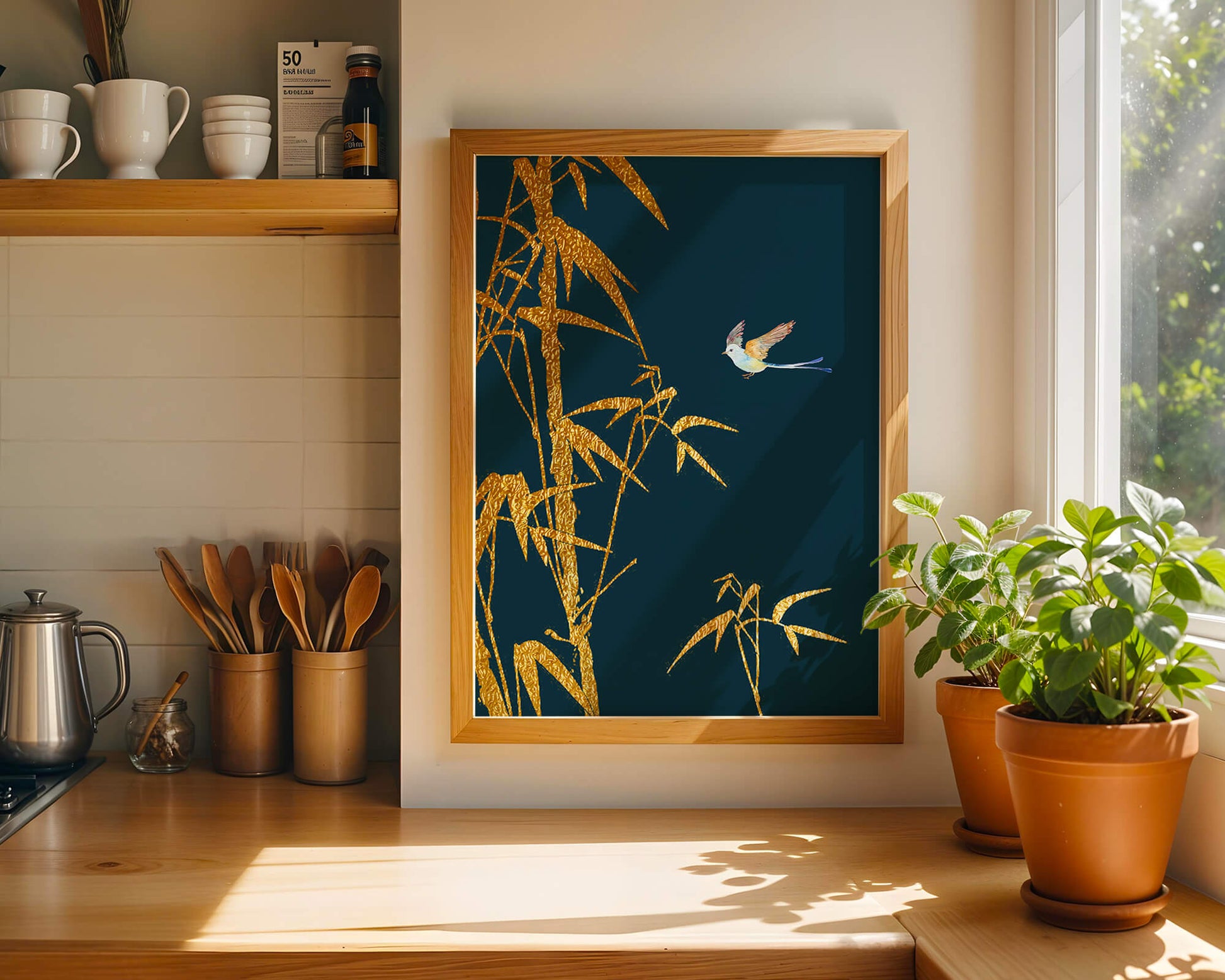 Golden bamboo and bird against a deep blue background