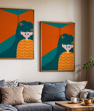 Colorful abstract illustration of a character with teal hair and orange background