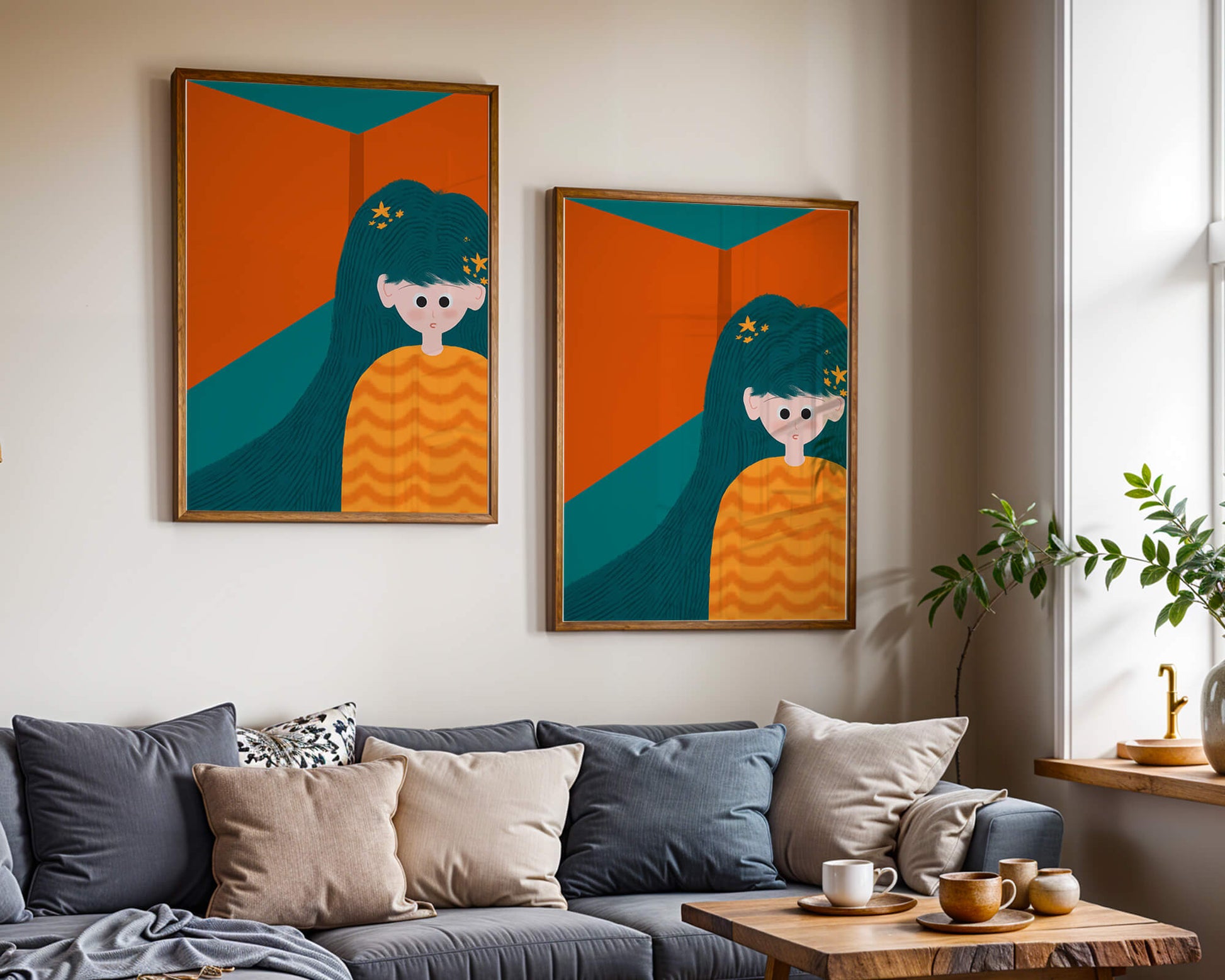 Colorful abstract illustration of a character with teal hair and orange background