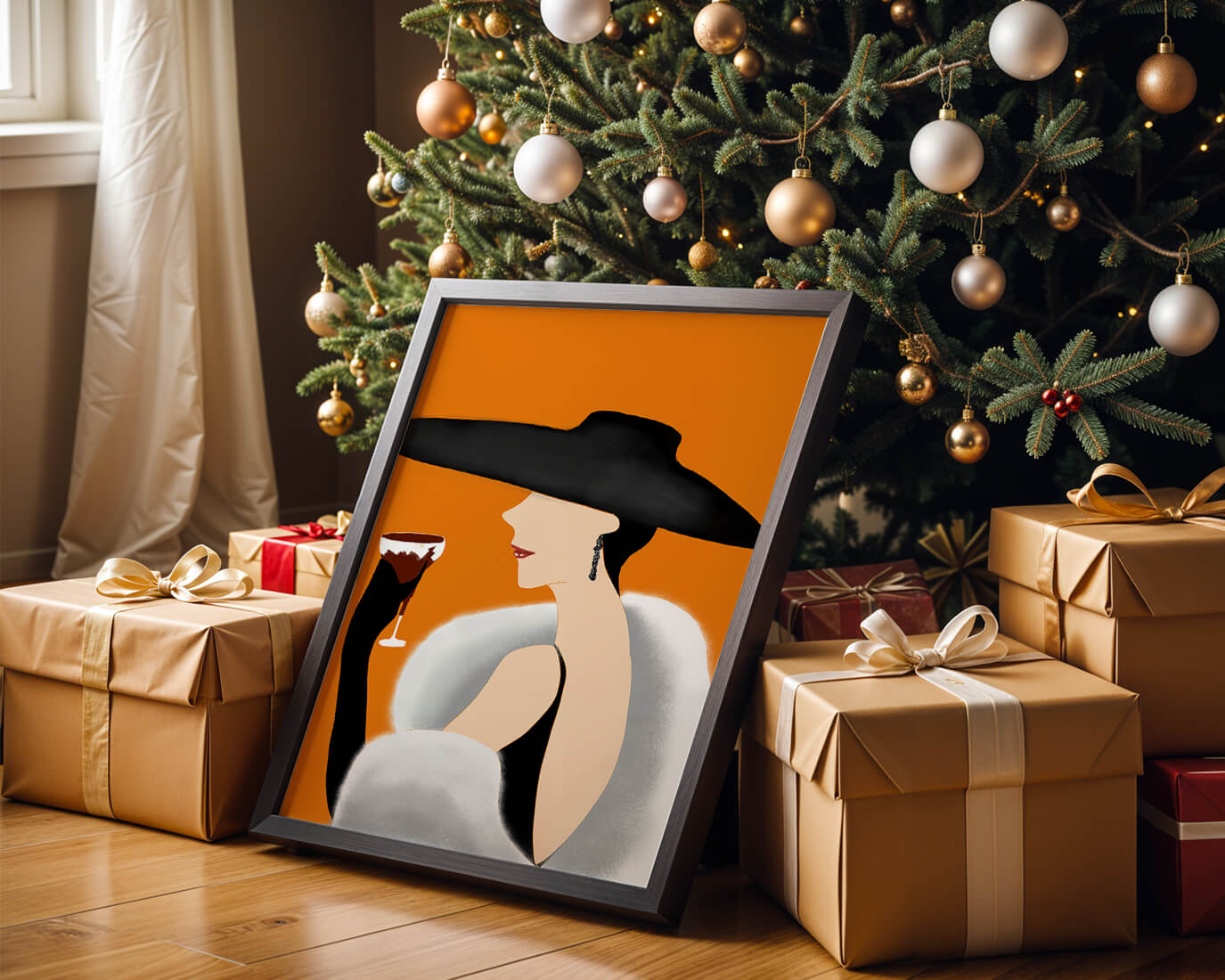 Elegant Woman in Black Hat and White Fur with Wine Glass