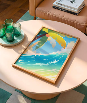 Escena vibrante de playa tropical con palmera y ola del océano
