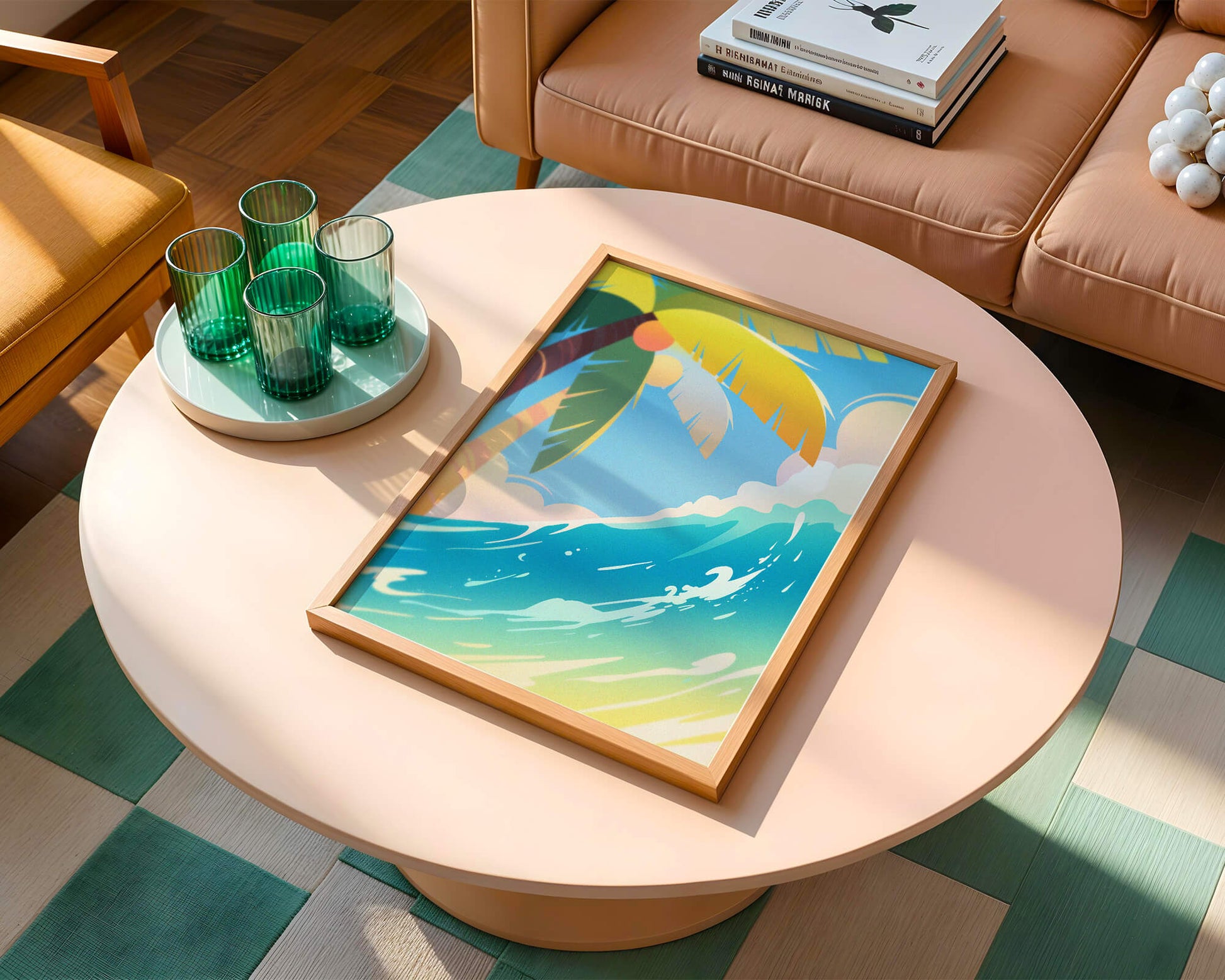 Escena vibrante de playa tropical con palmera y ola del océano