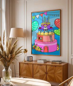 Colorful birthday cake with teddy bear and festive decorations