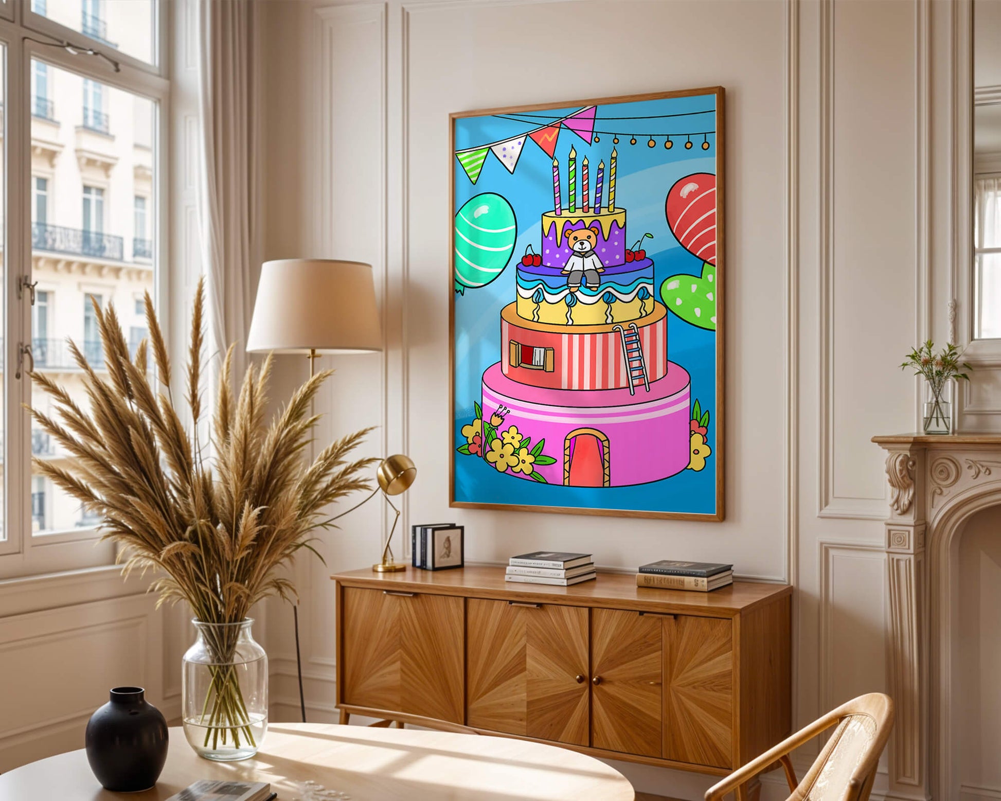 Colorful birthday cake with teddy bear and festive decorations