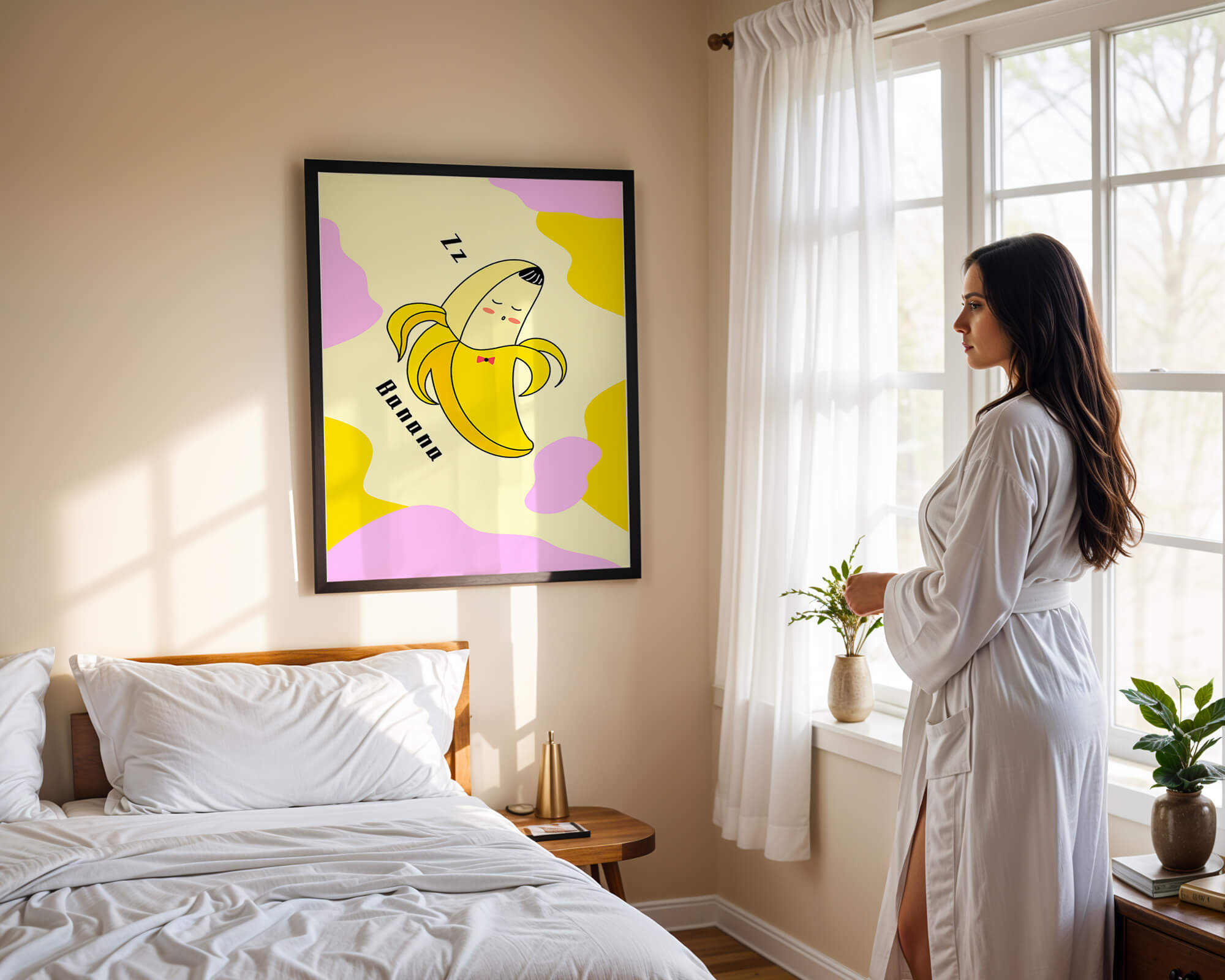 Playful illustration of a sleeping banana with colorful abstract background