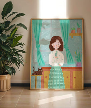 Charming Illustration of Woman and Cat in Cozy Living Room